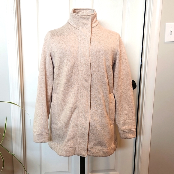 LANDS END Size LP 14-16 tan & beige knit fleece coat. - Picture 1 of 10